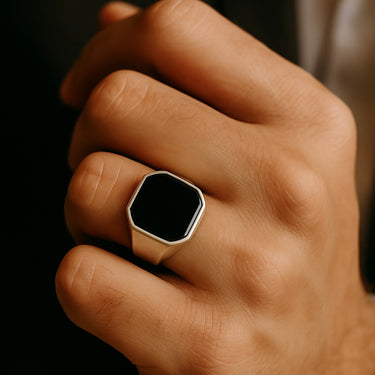 950 Silver Octagonal Signet Ring with Black Onyx Stone – Men's Minimalist Style